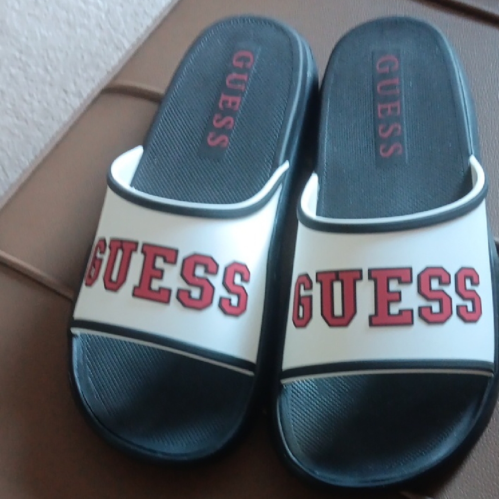 Guess Black and White Slides with Red Accents